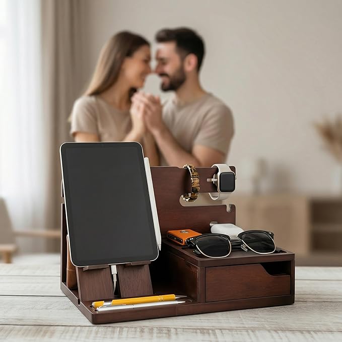 Nightstand Organizer- Bedside Docking Station for Men- Unique Gifts for Husband, Father or Dad from Wife, Son or Daughter- Desk Organizer for Phone, Watches, Wallet & Accessories (Brown)