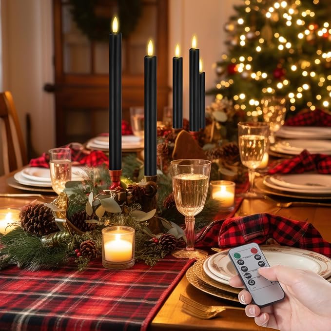 10 Pcs Flameless Taper Candles with Remote Battery Operated Taper Candles Include 6.5'' 7.7" 8.9" 10" 11.2" Fake LED Electric Candle Sticks for Valentine's Day Home Wedding Decor (Black)