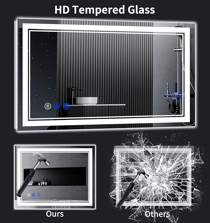 50"x30" LED Bathroom Mirror with Anti-Fog, Stepless Dimmable Lights, 3 Color Modes, Shatter-Proof Tempered Glass,Waterproof Design