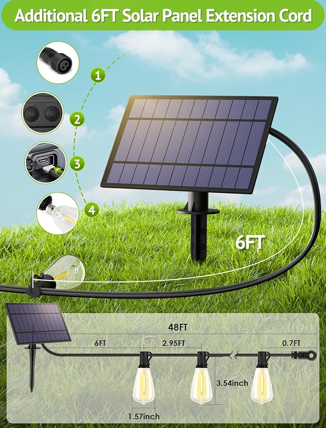 48FT Solar String Lights Outdoor with Remote, Waterproof Dimmable Patio Lights with 15+1 LED ST38 Bulbs 3 Modes Hanging Lighting for Backyard