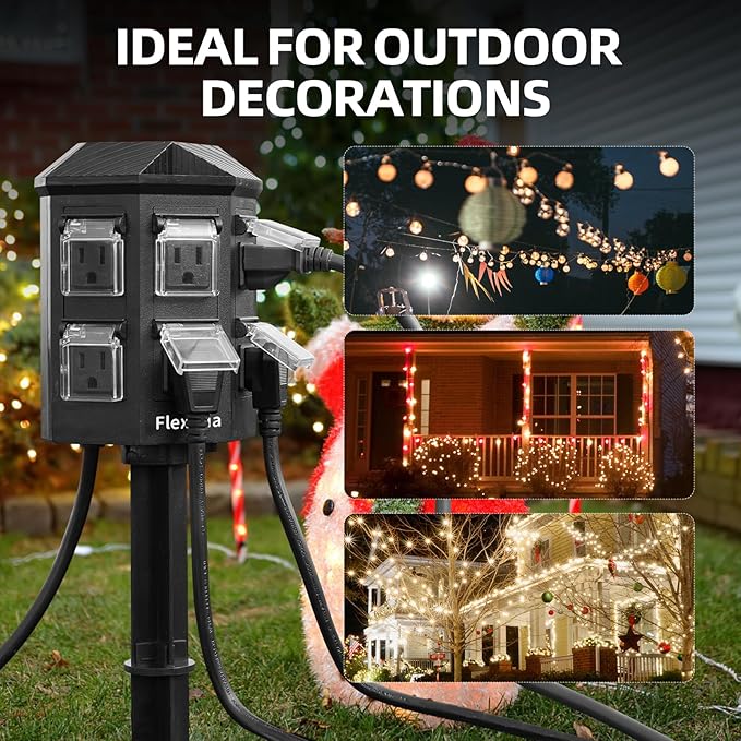 Outdoor Power Stake Timer, Remote Control Dusk to Dawn Light Timer, 60FT Extension Cord Waterproof, 6 Grounded Outlets for Graden and Yard Decorations, ETL Listed