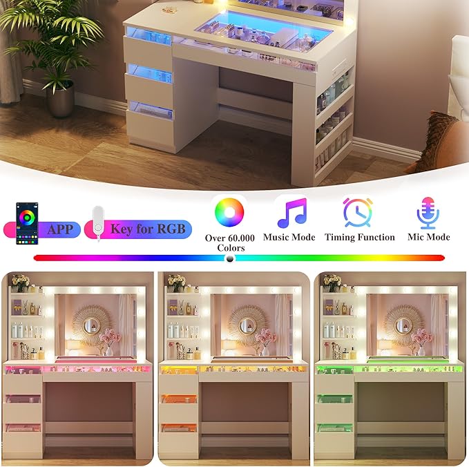 Vanity Desk with Lighted Mirror & Transparent Top, Makeup Vanity Desk with 4 Transparent Drawers and RGB Lighting, Built-in Power Outlet, 3-Tier Side Shelves & Storage Organizer for Bedroom