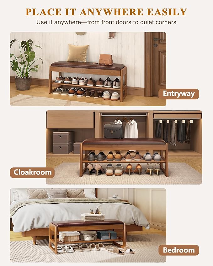 Shoe Rack Bench with Hidden Storage, 2-Tier Solid Rubberwood Entryway Bench with Soft Leather Cushioned Seat & Flip-Top Storage, 330lbs Capacity, Wooden Shoe Organizer for Hallway, Closet, Foyer