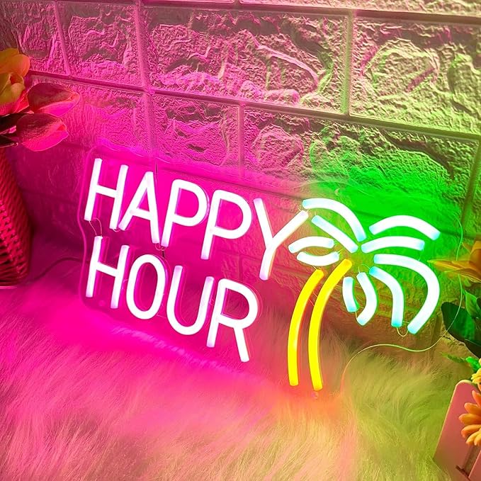 Happy Hour Neon Signs Coconut Palm Tree Pink Neon Bar Light Sign for Wall Decor Home Bar Club Coffee Pub Hotel Decor USB Operated Led Sign Game Room Bedroom Home Decor Birthday Wedding Sign