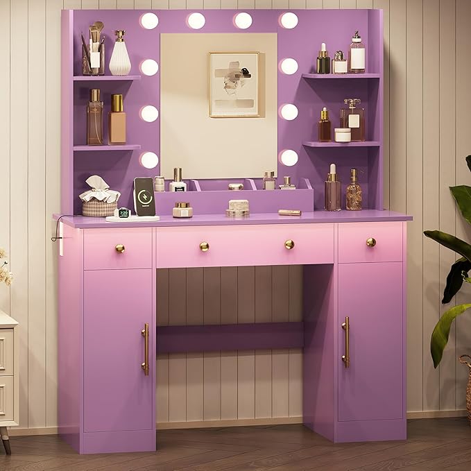 Vanity Desk with Mirror and Lights, Makeup Vanity with Mirror and LED Lights & Power Outlet, 3 Drawers and Cabinets, 3 Lighting Modes Dressing Table Set for Girls Women Bedroom,Purple