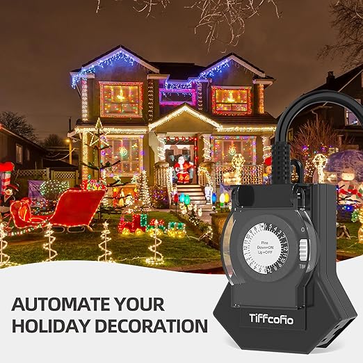 Outdoor Timer Outlet Waterproof, 24 Hour Mechanical Light Timer Outdoor, 2 Grounded Outlets for Home and Garden, 15A 1/2HP, Heavy Duty, ETL Listed (1 Pack) (1 Pack)