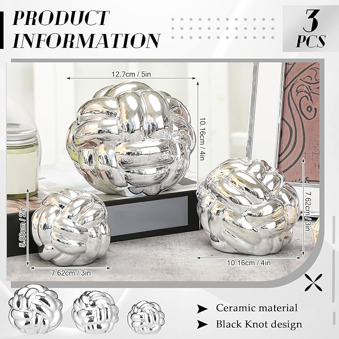 Wenqik Silver 3 Pcs Knot Decor, Chain Link Coffee Table Bookshelf Decor Accents, Entry Table Ceramic Aesthetic Minimalist Decorative Objects for Modern Home Living Room Decoration 3 Sizes
