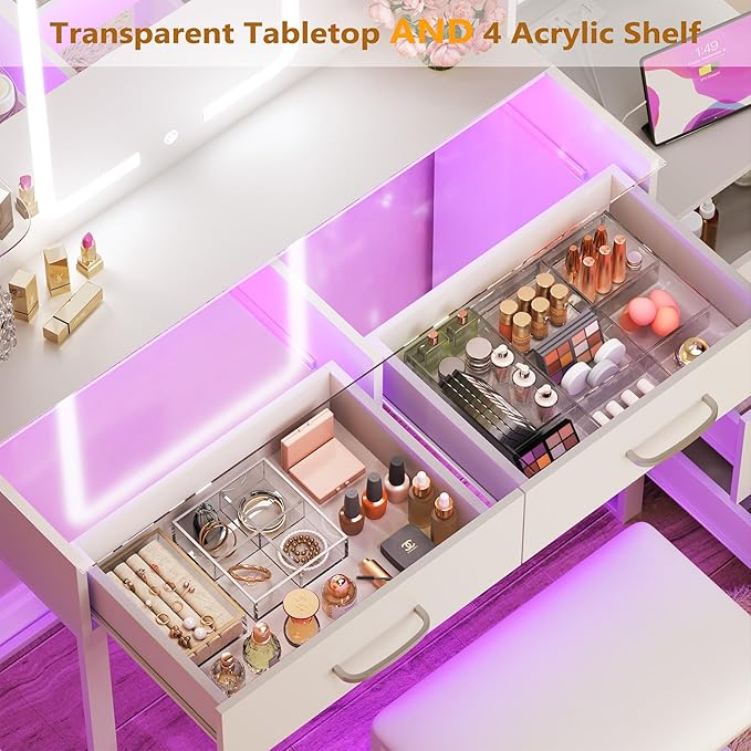 Vanity Desk with Mirror and Lights 3 Colors, 43.3" Makeup Vanity with Glass Top & RGB Light, White Vanity Table Set with Stool, 5 Drawers & Power Outlet for Bedroom Dressing Room