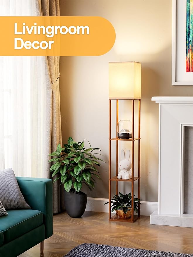 PARTPHONER Floor Lamp with Shelves for Living Room Walnut Brown 2 Pack, Shelf Floor Lamp with 3 CCT LED Bulb, Corner Display Standing Column Lamp Etagere Organizer Tower Nightstand for Bedroom