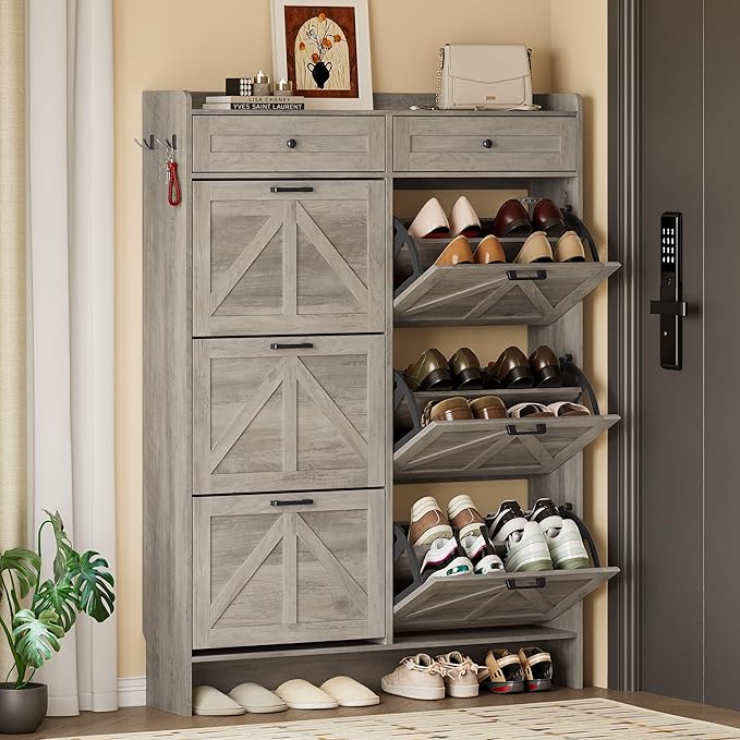 Shoe Cabinet for Entryway, Farmhouse Shoe Storage Cabinet with 6 Flip Drawers and 2 Top Drawers, Tall Narrow Shoe Organizer Cabinet with Adjustable Shelves, Side Hooks and Anti-Tip Kit
