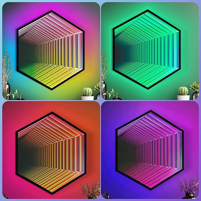 3D Infinity Mirror Light, 28" Hexagon LED Tunnel Wall Light with 358 LEDs, App & Remote RGB Color Changing Mirror for Gaming Room Decor, Party, Bar, Geometric Art Deco Wall Mounted