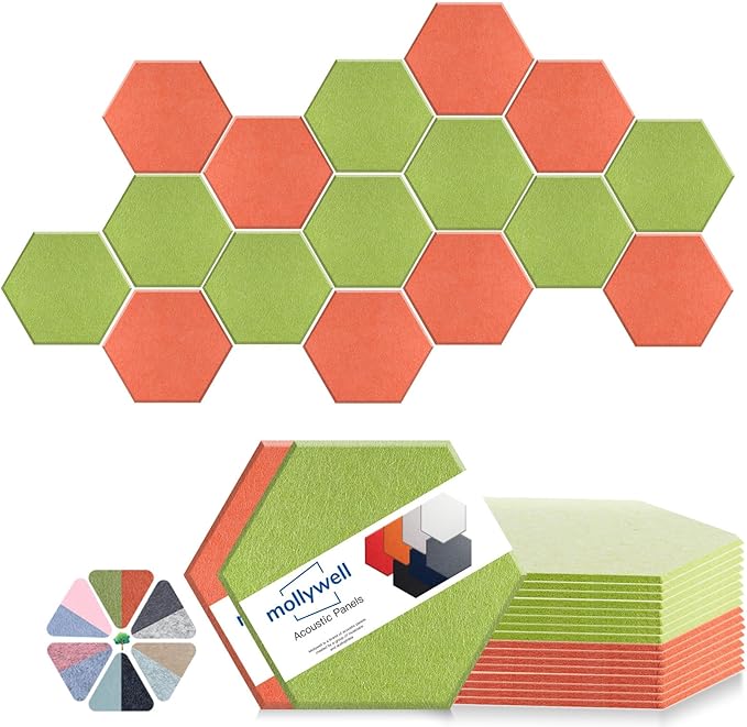 Mollywell Hexagon Acoustic Panels 14x12 - Reduce Echo & Reverb, Noise Blocking Wall Tiles for Playroom & Studio, Orange & Fruit Green Sound Absorbing Panels