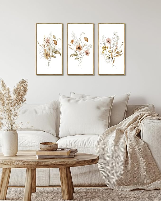 KUVIOKE Floral Wall Decor Colorful Bouquet Wall Decor Botanical Pictures for Office Dining Room Hallway Wall Art 8x16in3pcs Natural Framed