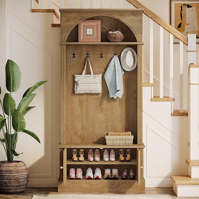 Tribesigns Hall Tree with Bench and Shoe Storage, 4-in-1 Design Entryway Bench with Coat Rack, 70.86" Tall Mudroom Rack with 5 Double Hooks and Adjustable Shelf for Hallway (Brown)