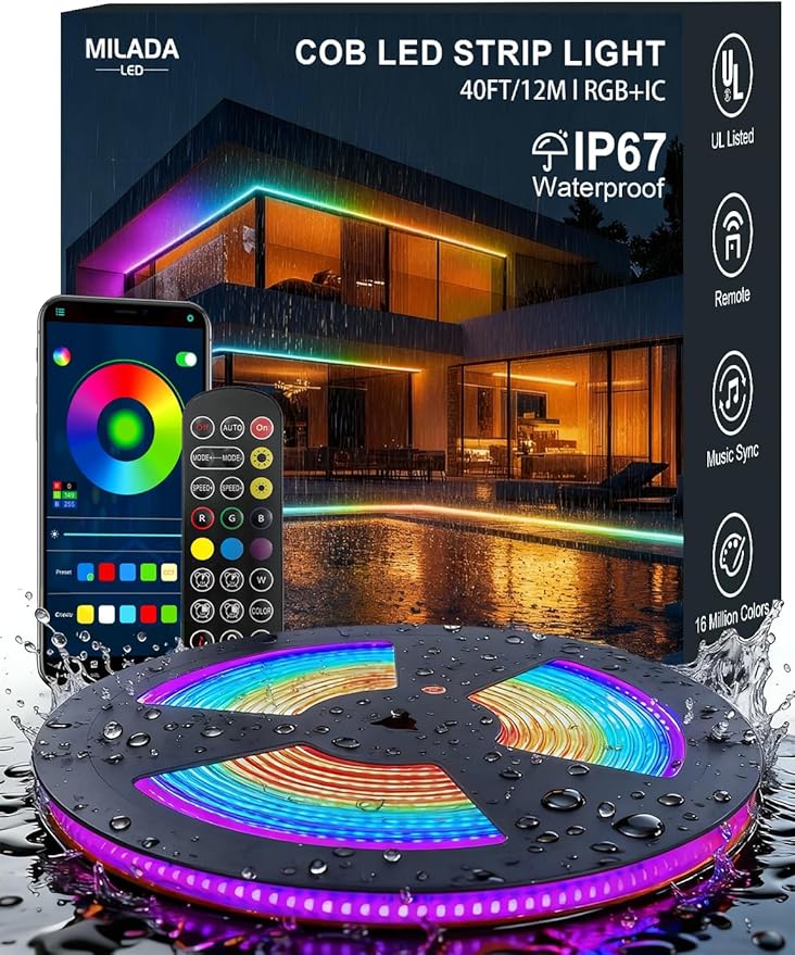 40ft/12m COB LED Strip Lights, RGB Smart IC, IP67 Waterproof, Dimmable , Color Flowing Tape Light with App Control & Music Sync, Dotless LED Light for Outdoor, Patio, christmas & Party Decorations
