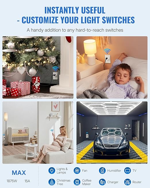 Remote Control Outlet Wireless Wall Mounted Light Switch, Wireless On Off Remote Outlet Switch with Magnetic Base, 100ft RF Range, 15A/1875W, Two Switches for One 0utlet W09RC2106