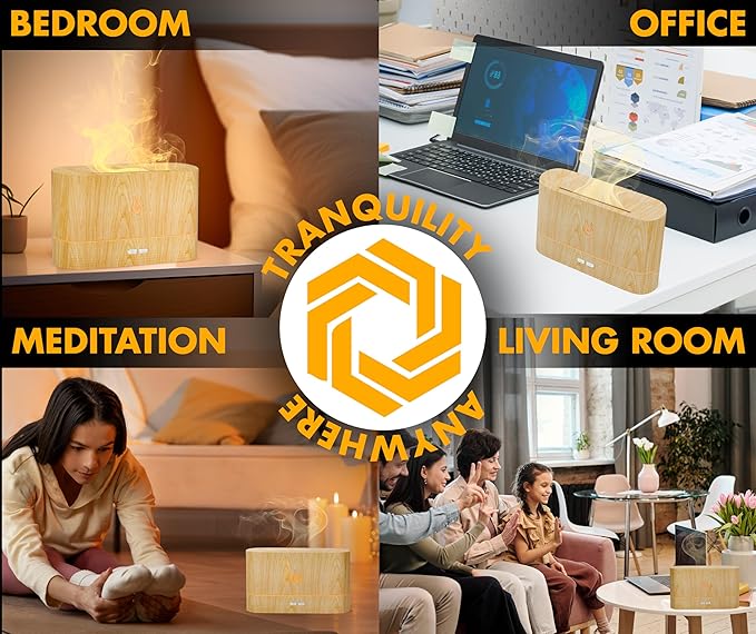 Colorful Aroma Essential Oil Diffuser for Home, Quiet Cool Mist Flame Humidifier for Bedroom with Remote, Fire Flame Diffuser Humidifier with Scent (Light Wood)