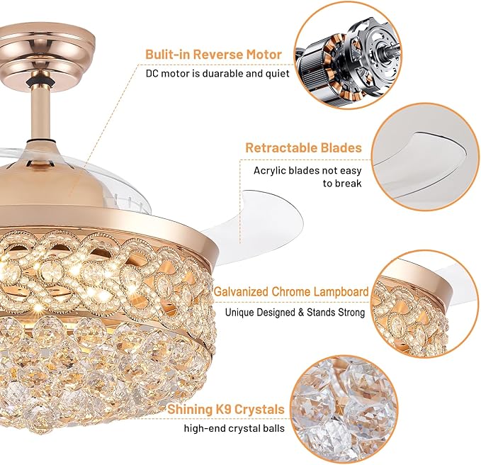 Crystal Fandelier Ceiling Fan with Light and Remote Dimmable 500-6500K Retractable Blades Chandelier Ceiling Fan with Memory Function Modern Ceiling Fans with Lights for Bedroom 42 Inch Gold