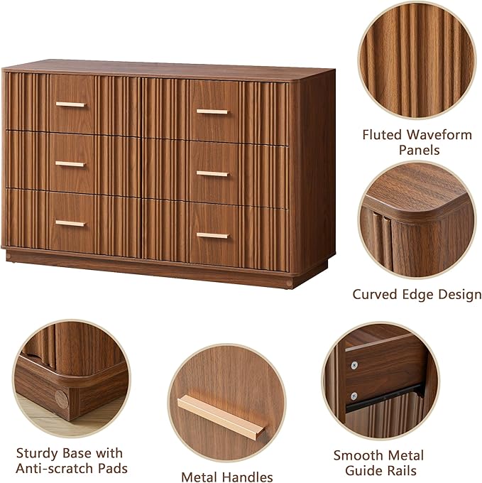 Fluted Double Dresser for Bedroom with 6 Drawers, 47" Wide Modern Chest of Drawers, Curved Profile Wood Storage Dressers TV Stand,Wooden Closet Clothes Storage Organizer for Living Room Hallway,Walnut