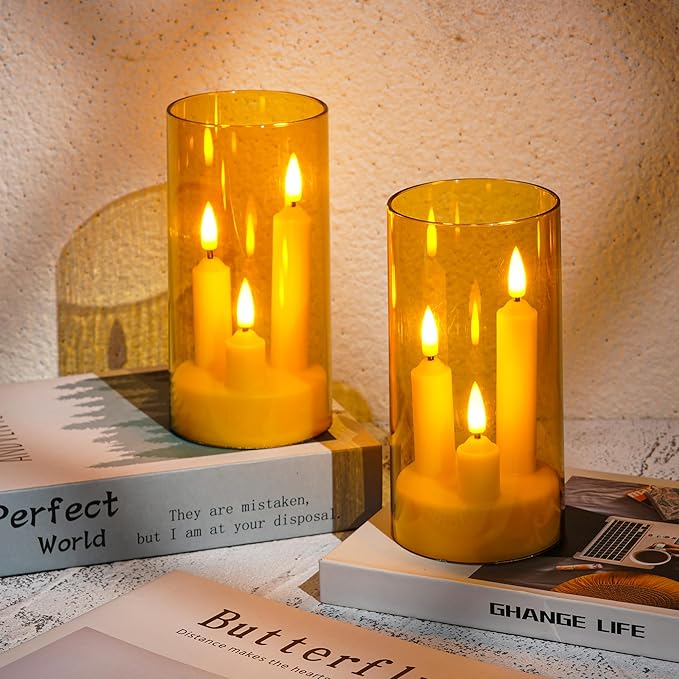 Da by LED Flameless Candles, Gold, Battery Operated with Remote and Timer, 3 Wicks Flameless Candles-2 Pack