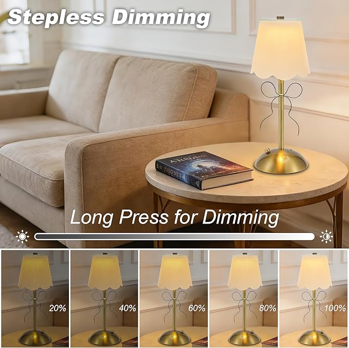 Cordless Table Lamp,Rechargeable LED Desk Lamp,Small Bedside Lamps with Touch & 3 Color,Cute Room Decor Bow Lamp,Night Light for Girls' Room Princess Room (Gold)