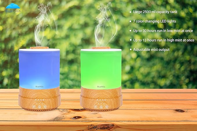 BlueHills Premium Set of Two Large 2000 ML and 2500 ML XL Essential Oil Diffusers Humidifier Combo for Large Room Home with LED Lights Great Gift – Value Pack of Wood Grain.