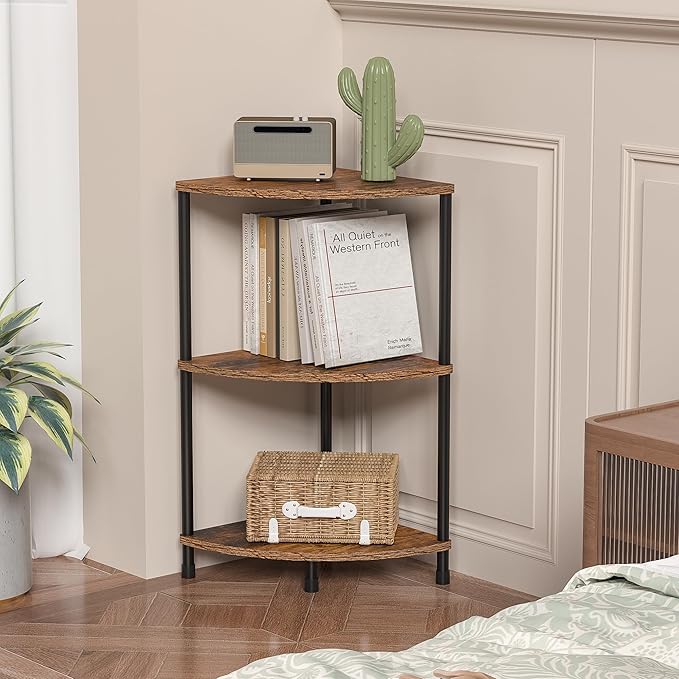 Corner Plant Stand Shelf, 3 Tier Small Shelf Plant Stand for Indoor Plants, Rustic Brown Corner Bookshelf Wall Decor Living Room, 23.2" Display Shelf for Bedroom, Bathroom, Small Space