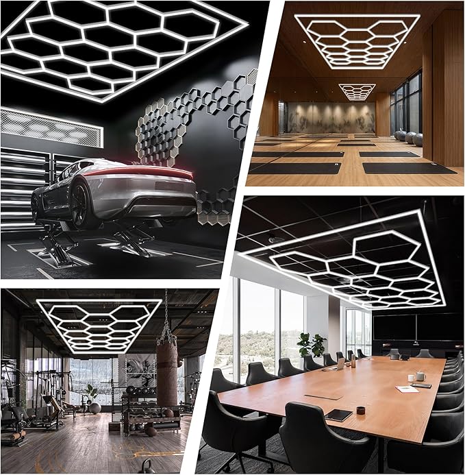 Hexagon Garage Lights 3 Level Dimmable with Rectangle Frame, High Brightness 672W 26000 to 86400LM 6500K, 14 Hex Grid for Garage, Shop, Basement, Car Detailing Shop etc. with Mounting Clip