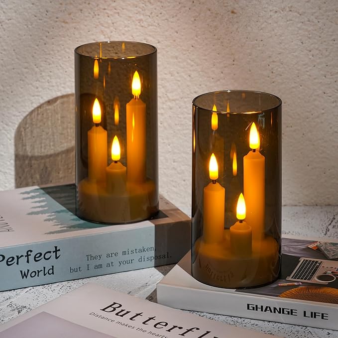Da by Flameless Candle, Battery-Powered Candle with Remote Control and Timer, LED Three-Wick Pillar Candle, Romantic Wedding, Perfect Home Décor, 2 Pack (Grey)