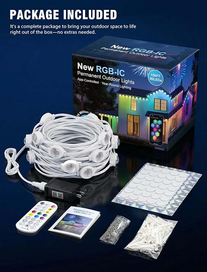 Permanent Outdoor Lights for House, 90 LED 150ft RGB+IC Eaves Lighting,Color Changing String Smart Lights Outdoor for Patio Decor,Year Around,Parties, Game Day, Easter, Christmas Decor