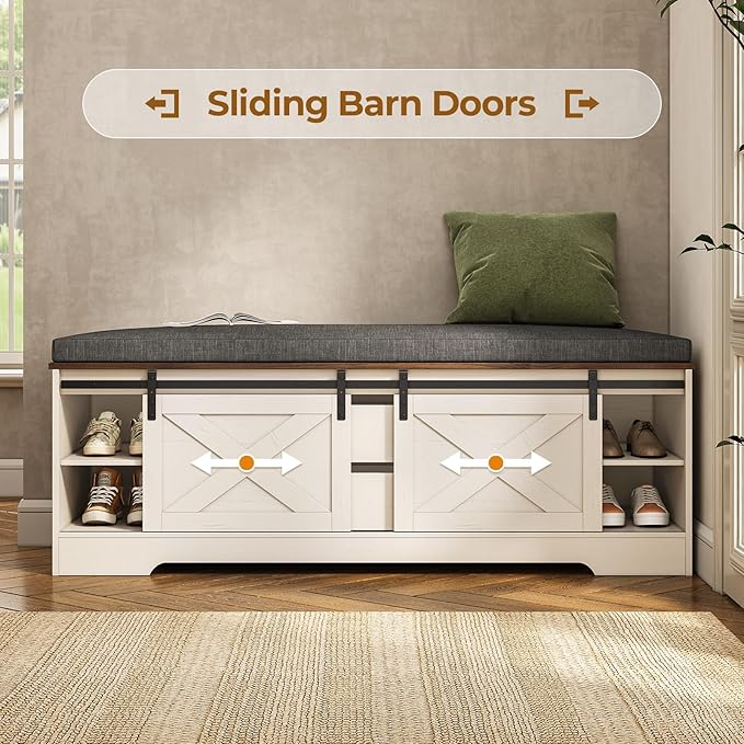 60“ Farmhouse Storage Bench with Cushion, Shoe Rack with Slide Barn Doors, Adjustable Shelf and 2 Drawer for Entry, Bedroom, Closet, Living Room, Hallway (White Brown, 60 in)
