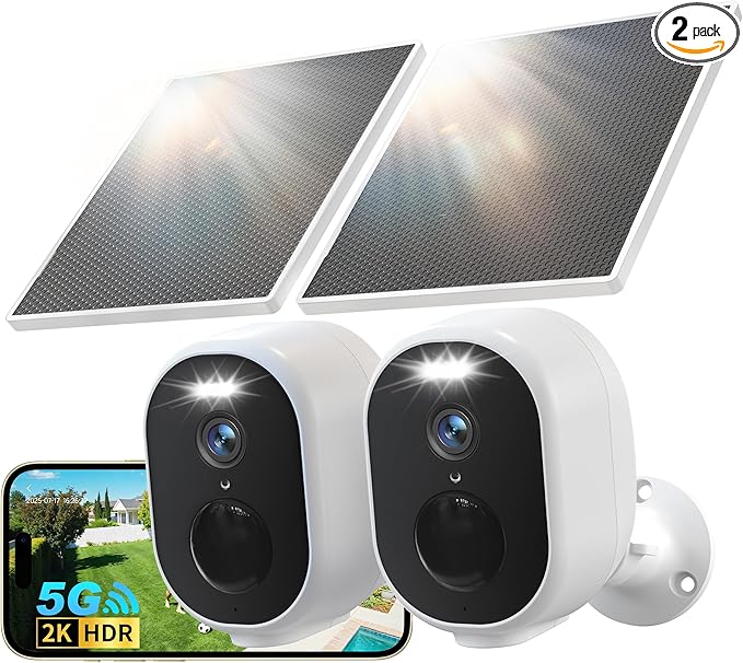 GNCC 2 Pack Solar Camera Outdoor Wireless, 5G & 2.4GHz WiFi, 2K Battery Cameras for Home Security, Color Night Vision, AI Detection, Siren Alarm, 2-Way Talk, Waterproof, Cloud Subscription/SD Storage