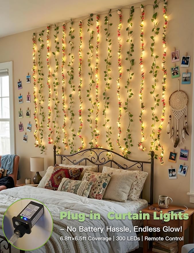 suddus 300 LED Artificial Flower Garland Pothos Vines Curtain Lights, Rose Vines Fairy Lights for Bedroom, Hanging String Lights for Wall, Room, Dorm, Wedding, Party, Indoor Decor 6.56ft x 6.56ft