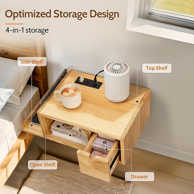 Afuly Floating Nightstand Set of 2 with Charging Station, Wall Mount Night Stands with Drawer Hanging Bedside Table End Table, Solid Wood Modern Side Table Shelf for Bedroom Natural Wooden Decor
