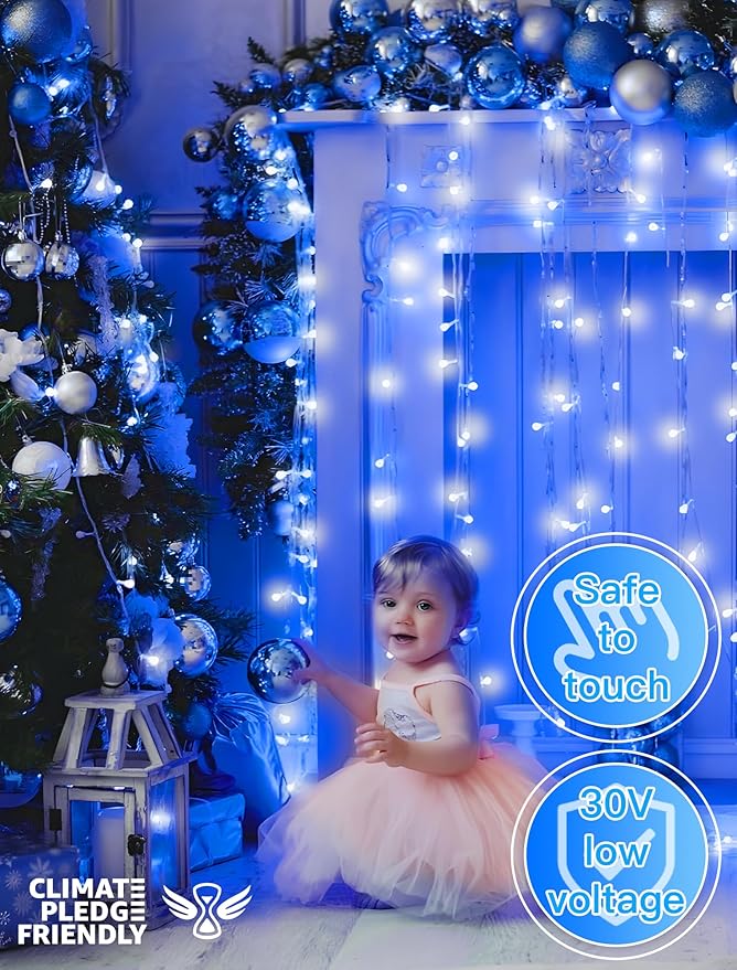 String Lights Indoor Bedroom, 33FT 100 LED Fairy String Lights Outdoor Waterproof, 8 Modes Memory Twinkle Christmas Light Plug in for Classroom Dorm Patio Tree Garden Decor (Blue)