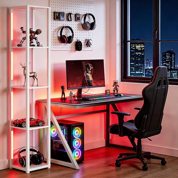 RGBCW Floor Lamp with Shelves, Smart Modern Floor Lamp with Music Sync, LED Color Changing Corner Display Shelf Lamp, Tall Lamps for Living Room and Bedroom, Bookshelf Lamp, White
