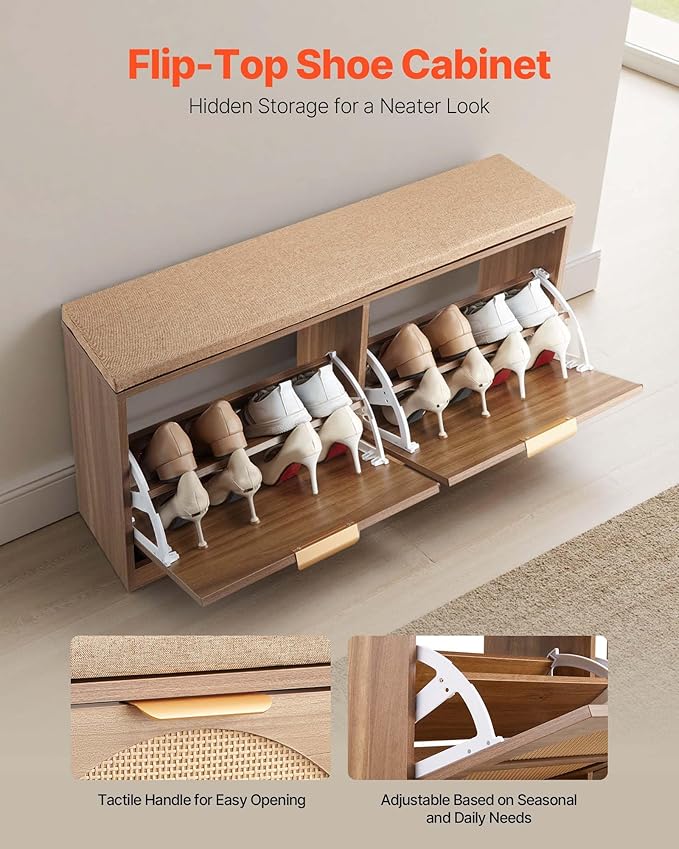 VEVOR Shoe Storage Bench, Rattan Entryway Bench with Coat Rack & Padded Cushion, Shoe Cabinet Holds up to 440 lbs, 38.9x 9.4x19.7 Inche for Hallway, Living Room, Bedroom
