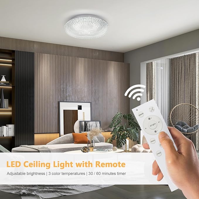 OOWOLF Flush Mount LED Ceiling Light Fixture, 2700K-6500K Super Bright 36W 3600LM 13.78 Inch Dimmable Warm/White Light Kitchen Light Modern Ceiling Lamp for Bedroom Bathroom, Chandeliers with Remote
