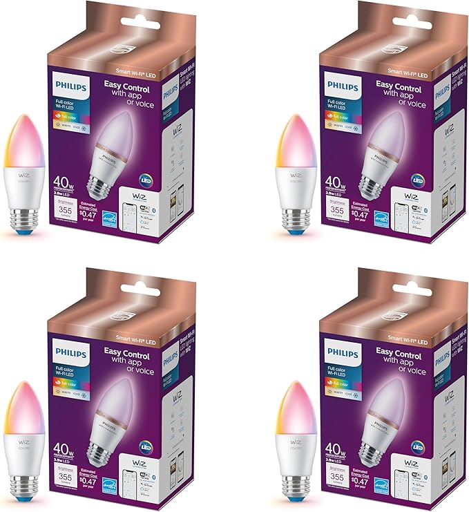 Philips Smart 40W B12 Candle-Shape 4-Pack, E12 Base, Full Color, Dimmable, Indoor, Connect to Wi-Fi, Control Voice or App - Powered by WiZ Connected