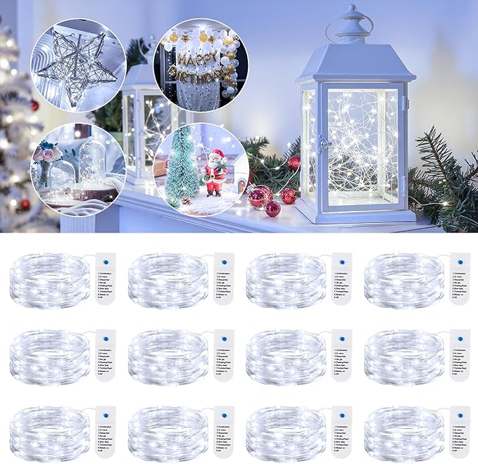 Minetom 12 Pack Fairy Lights Battery Operated String Lights 8 Modes, 7ft 20LED White Waterproof Silver Wire Twinkle Lights, Firefly Starry Moon Lights for Mason Jars DIY Christmas Wedding Party