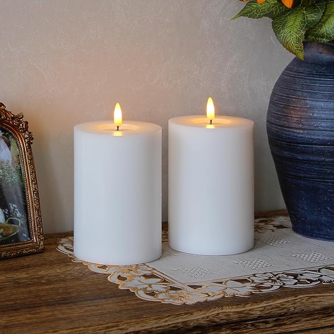 Flameless Flickering 4" x6" Real Wax White Remote Candles with Candle Grease, Pack of 2 Timer LED Battery Operated Fake Warm Light Pillar Candles for Home, Banquet, Ceremony Decoration