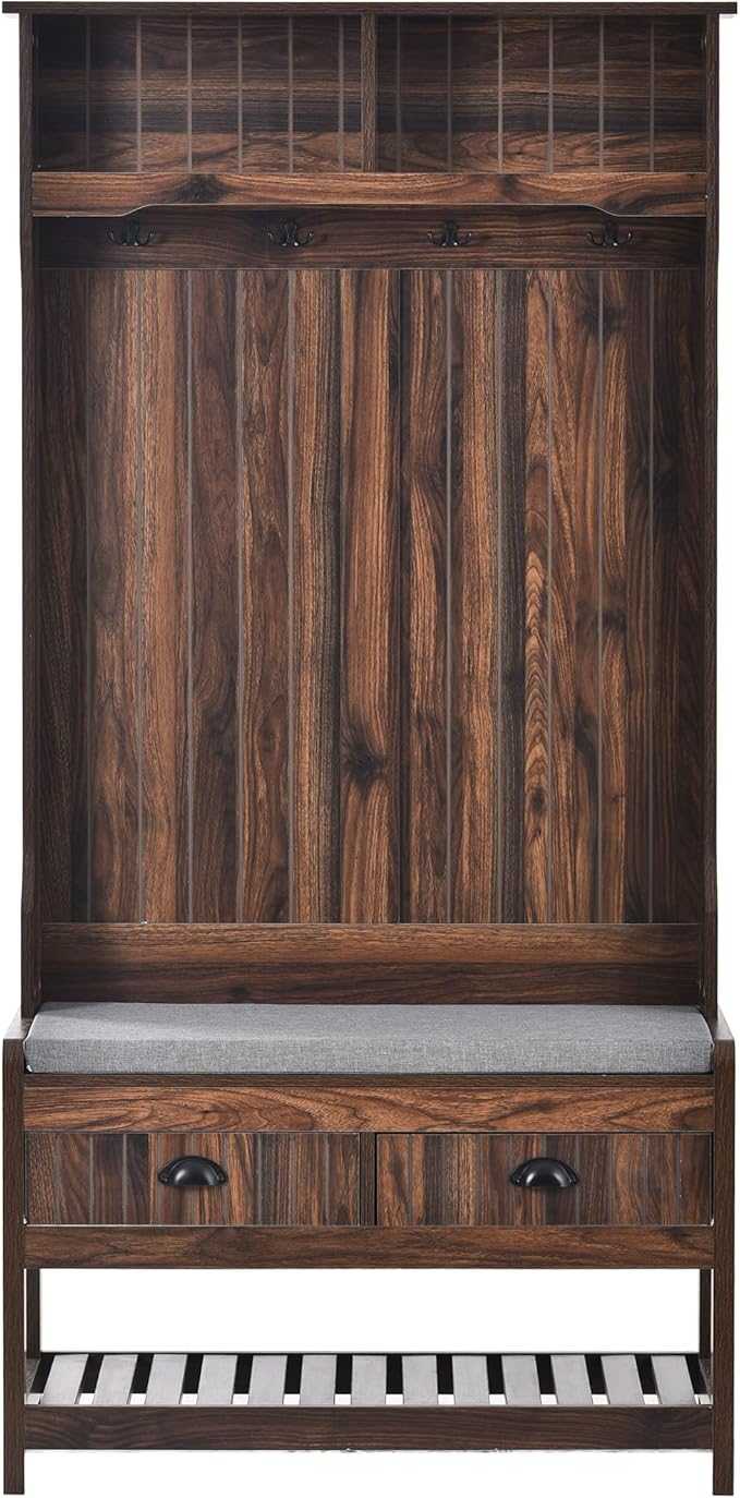 Hall Tree with Shoes Bench, Entryway Coat Rack with Storage Shelves and Drawers, 33.5''W Coat Hanger for Entrance, Hallway (Tiger)