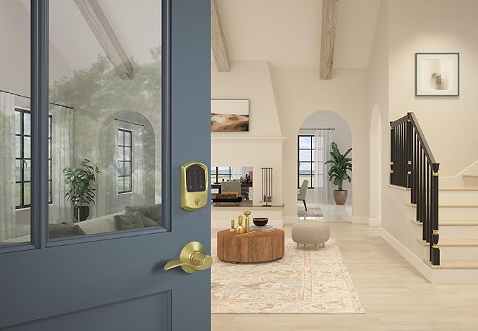 Schlage Encode Smart Wi-Fi Deadbolt Lock with Touchscreen Keypad, Keyless Front Door Entry, App Control, Alexa, Google Home and Airbnb Compatible, Satin Brass, BE489WB GRW 608