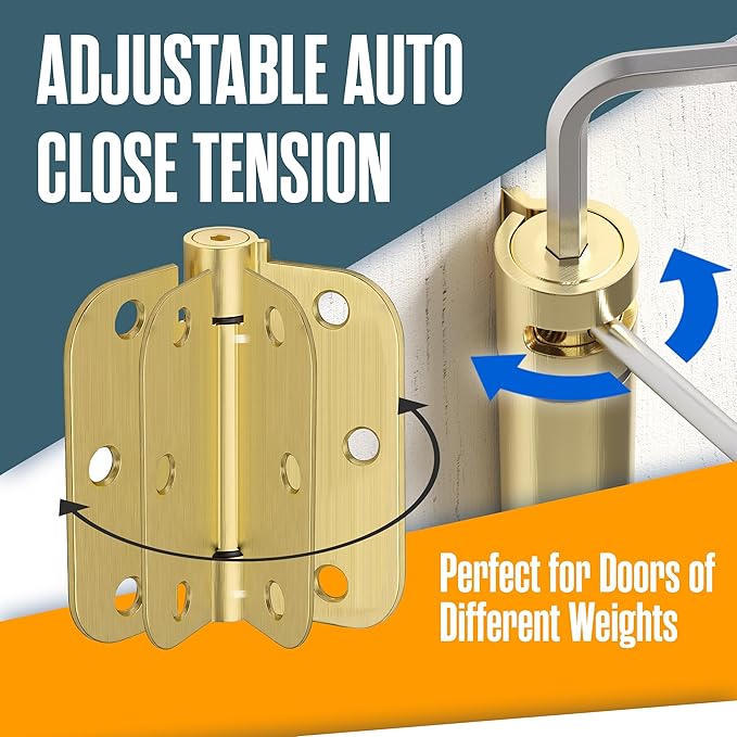 Houseables Self Closing Door Hinges, Spring Hinge Door Closer, Spring Loaded, Auto Close, 3.5 Inch, Automatic Closer, Auto Shut, Interior, Garage, Exterior, Adjustable Tension, 5/8 Radius, Brass, 2 PK