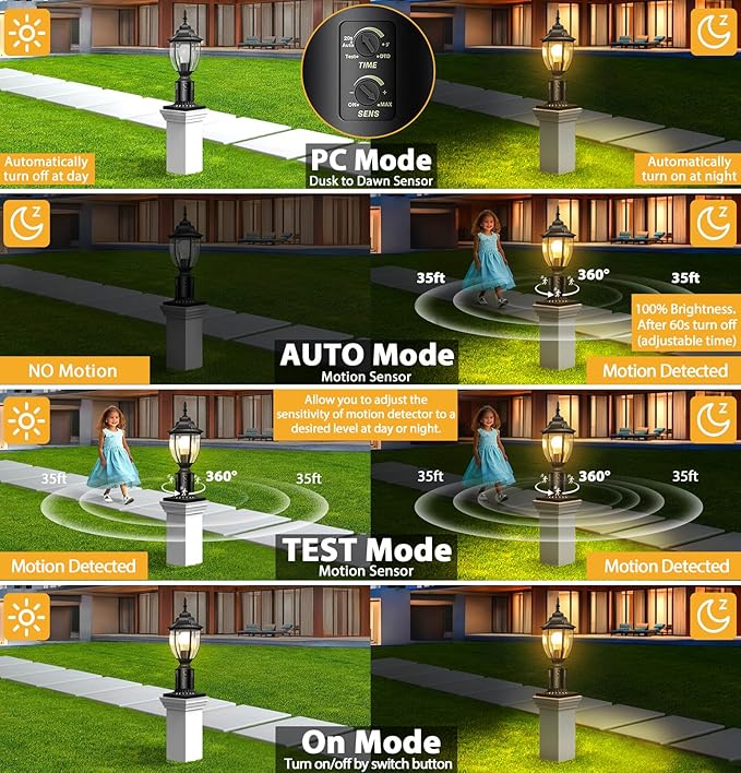 Lamomo 2 Pack Motion Sensor Outdoor Post Lights, Dusk to Dawn Lamp Post Light Fixture, Waterproof Aluminum Lamp Posts Outdoor Lighting Pole Lantern for Yard Patio Pathway Garden