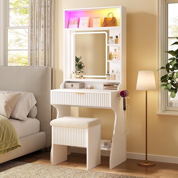 Small Vanity Desk with Mirror and Lights, Sound Sync LED Lights, Fluted Wood Compact Makeup Vanity Table Set with Teddy Fleece Chair, Storage Drawer, Shelves, Bedroom (White)