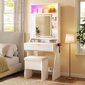 Small Vanity Desk with Mirror and Lights, Sound Sync LED Lights, Fluted Wood Compact Makeup Vanity Table Set with Teddy Fleece Chair, Storage Drawer, Shelves, Bedroom (White)