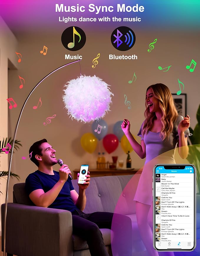Feather Lamp Shade with Smart RGB Light Bulb, Built-in Bluetooth Speaker, Remote & APP Control, Fluffy Girl Room Decor, 600 Lumens, 15.7inches, White