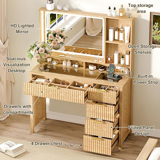 Makeup Vanity Desk with Mirror and Lights, 43.3'' Glass Tabletop Vanity Table with 5 Drawers & Shelves,Big Vanity Set for Bedroom, Oak