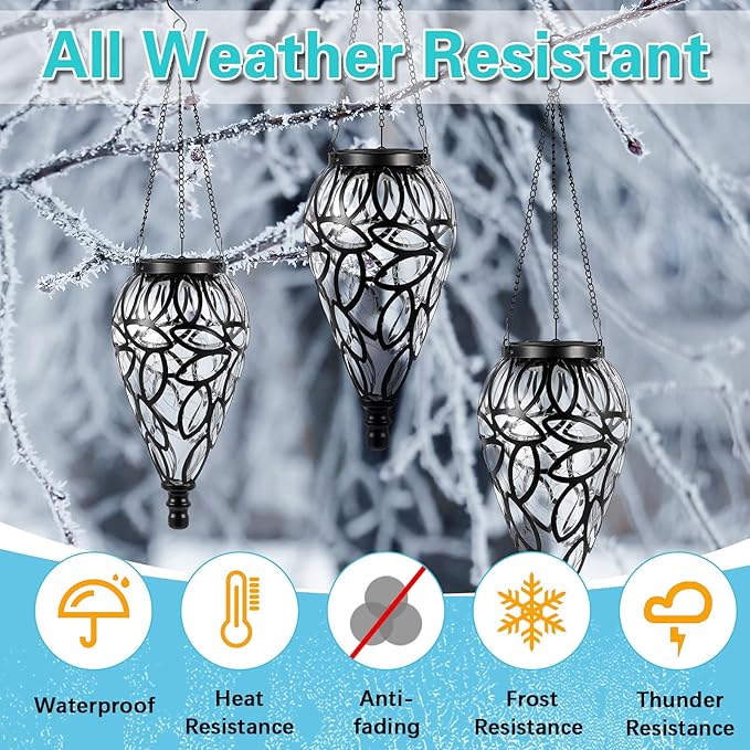 2 Set Solar Hanging Lantern Lights Outdoor Chandelier Moroccan Hanging Solar Light Tear-Shaped 15 LEDs Cool White with S Hooks for Summer Garden Yard Pathway Landscape Porch Decor(Multi-Color)